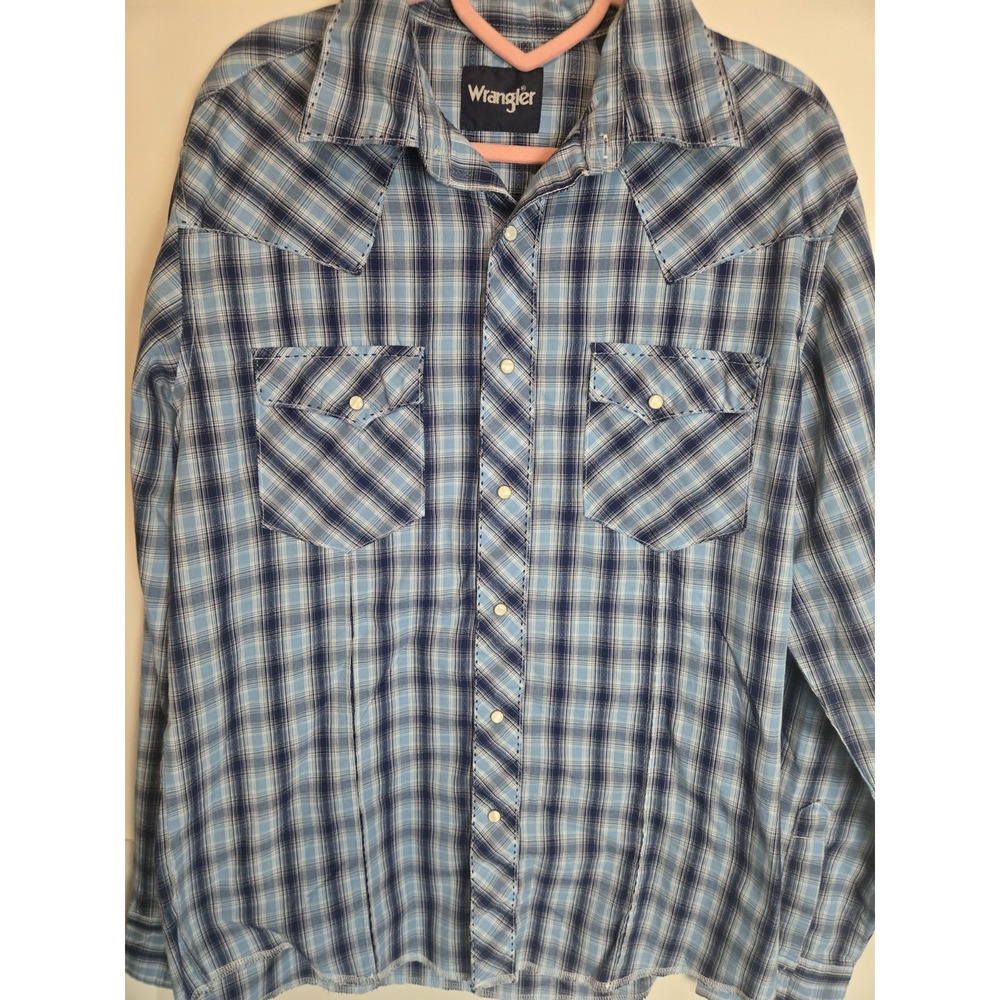 Vintage Y2k Wrangler Shirt  Med Blue Plaid Western Pearl Snap Long Sleeve Cowboy